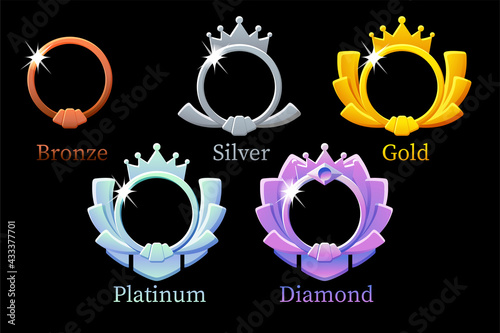 Frame game rank, gold, silver, platinum, bronze, diamond round avatar template 6 steps animation for game.