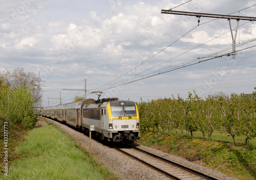 Train in the countryside. Walking towards. Front side. Train in Belgium