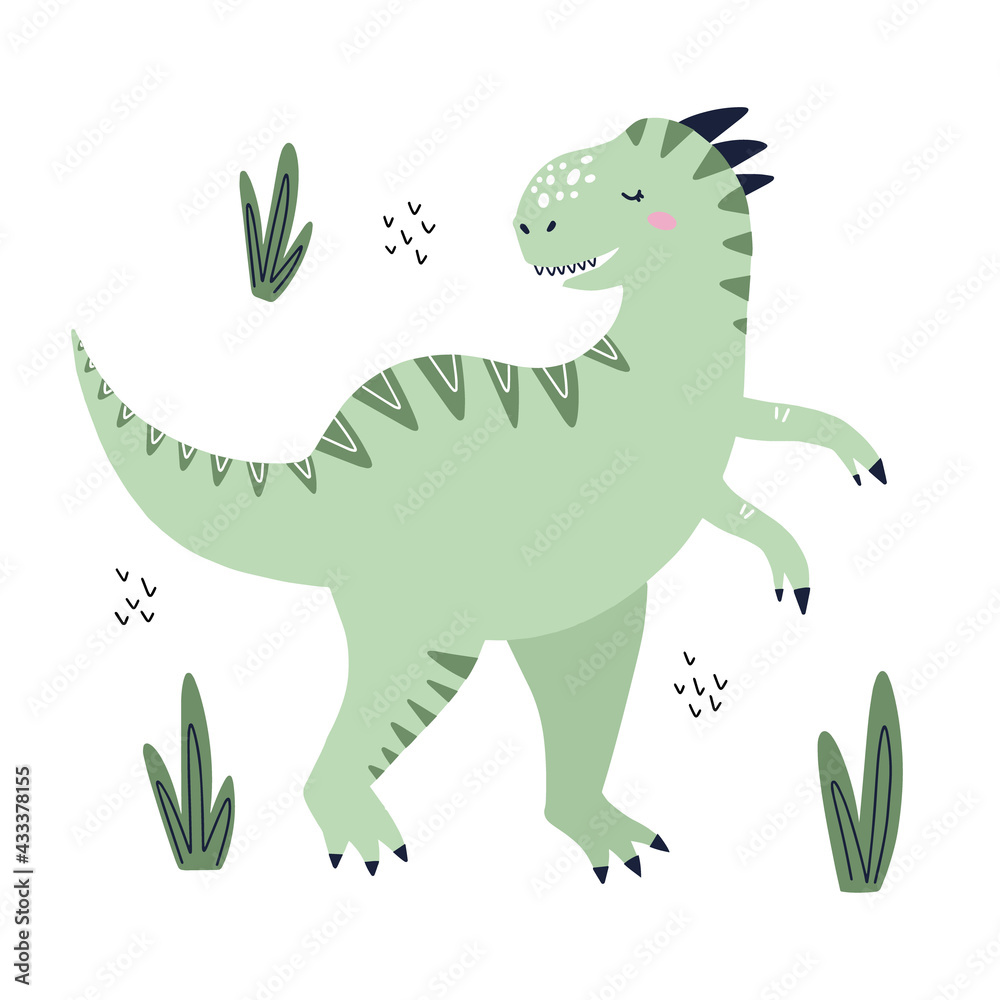 Fototapeta premium Cute tyrannosaurus dino with leaves. HAnd drawn vector illustration for t shirt, card, poster.