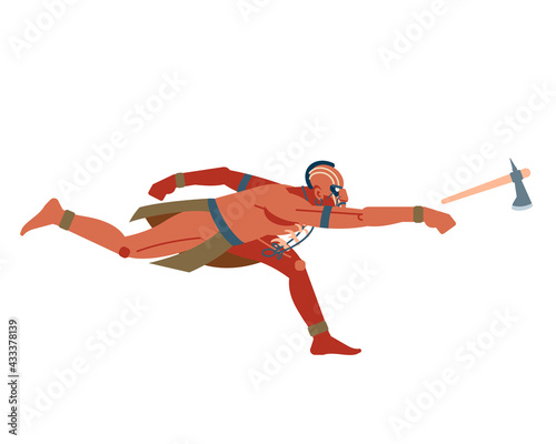 Aztec warrior man character or brave leaping toward and attacking with a tomahawk. Vector cartoon clip art illustration isolated of white background.