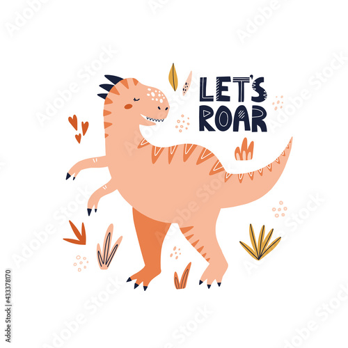 Cute tyrannosaurus dinosaur with let's roar lettering. HAnd drawn vector illustration for poster or baby shower design