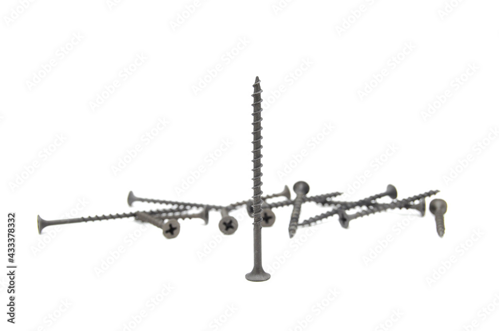 Self-tapping wood on white background close-up. Screw, fasteners, carving, carpentry, macro Self-tapping wood on white background close-up. Screw, fasteners, carving, carpentry, macro