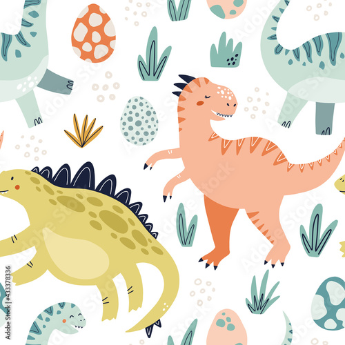 Cute dinosaur colorful seamless pattern. HAnd drawn vector illustration for wrapping paper or textile design