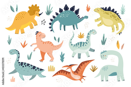 Fototapeta Naklejka Na Ścianę i Meble -  Cute dinosaur set. HAnd drawn vector illustration for modern nursery and textile design