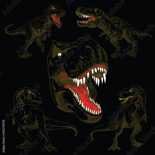 Vector image of a set of dinosaurs in the style of art outline