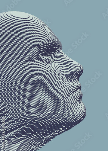 Abstract digital human head constructing from cubes. Minimalistic design for business presentations, flyers or posters. Technology and robotics concept. Voxel art. 3D vector illustration.