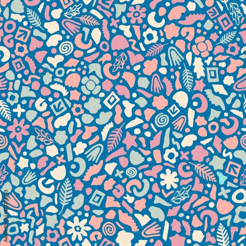 Tossed abstract shapes, flowers, leaves, hearts, spirals, waves, crosses, rings and other amorphous figures. An optimistic, youthful, playful palette that’s perfect for spring. For paper or web design