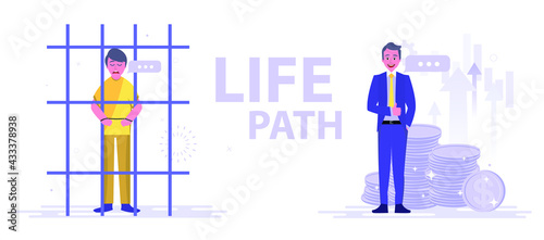A wealthy businessman and a man in prison. Life choice. Vector