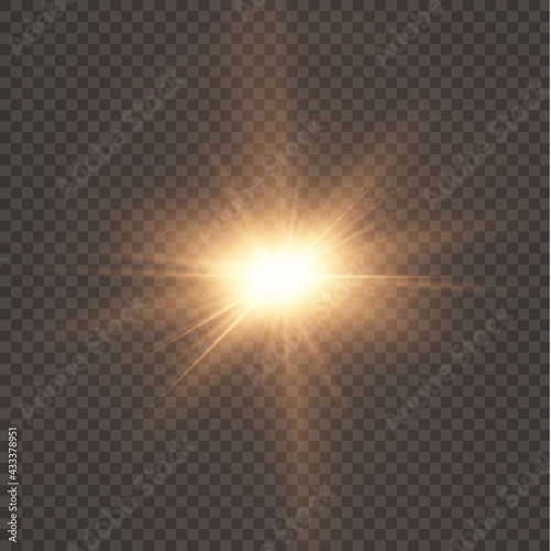 The sun is shining bright light rays with realistic glare. Light star on a transparent black background.