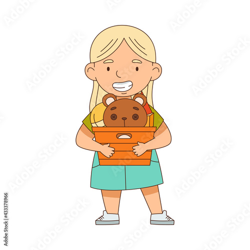 Happy Blond Girl Holding Box with Toys Playing in the Nursery Vector Illustration