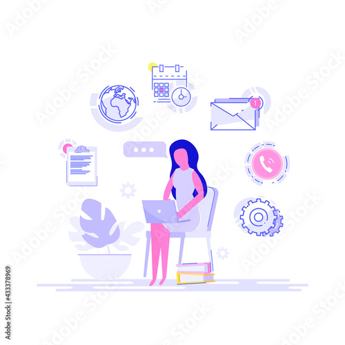A woman businessman is sitting at a laptop with icons in the background. Multitasking and time management concept. Effective management. Vector illustration.