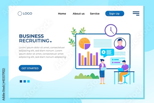 Infographic of employment leadership. Recruit for business, recruitment presentation. Job hr resource, businessman employer character with text. Flat isometric concept vector illustration