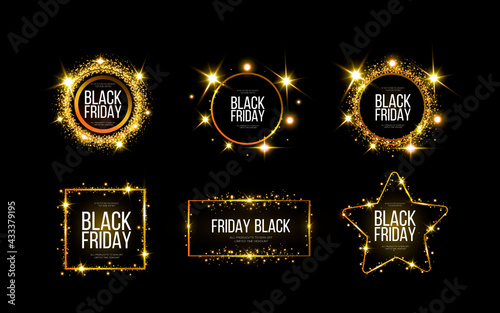 Black friday banner mockup. A festive golden, glowing frame that is strewn with gold dust.
