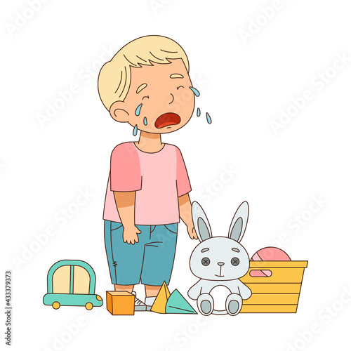 Grumpy Blond Boy Standing Among Toys and Crying Out Loud Vector Illustration