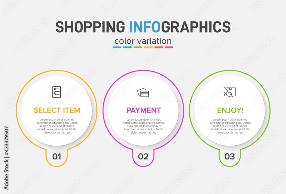 Concept of shopping process with 3 successive steps. Three colorful graphic elements. Timeline design for brochure, presentation, web site. Infographic design layout.