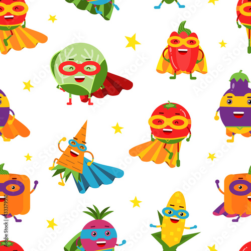 Funny Vegetable Hero in Mask and Cloak Rushing to Rescue Vector Seamless Pattern © Happypictures