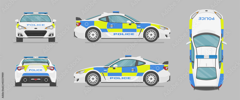 English police sport car. Side view, front view, back view, top view. Cartoon flat illustration, auto for graphic and web English police sport car. Side view, front view, back view, top view. Cartoon flat illustration, auto for graphic and web