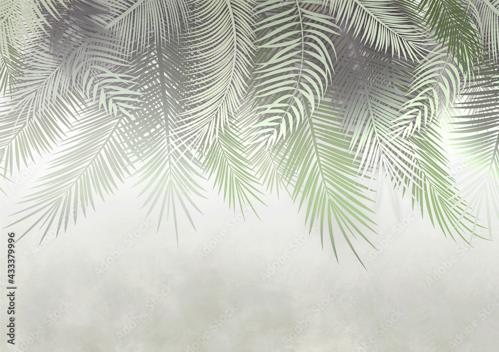 Palm leaves, palm branches, abstract drawing, tropical leaves. Photo wallpapers for walls. Decorative wall. Wallpaper for the room. - obrazy, fototapety, plakaty 