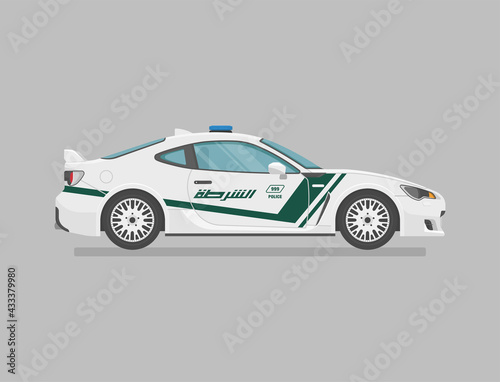 UAE police super car. Side view. Cartoon flat illustration. Auto for graphic and web photo