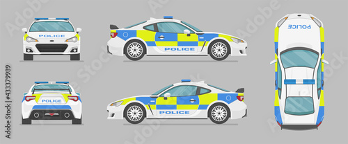 English police sport car. Side view  front view  back view  top view. Cartoon flat illustration  auto for graphic and web