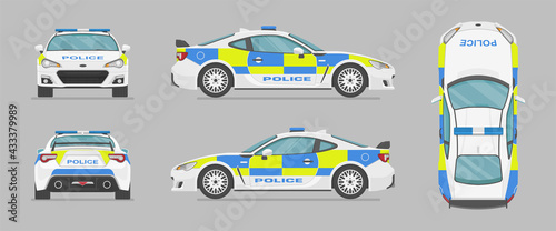 English police sport car. Side view, front view, back view, top view. Cartoon flat illustration, auto for graphic and web