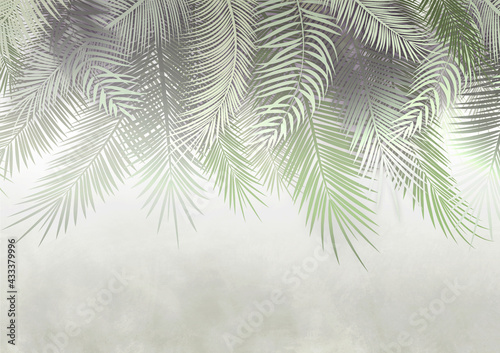 Palm leaves, palm branches, abstract drawing, tropical leaves. Photo wallpapers for walls. Decorative wall. Wallpaper for the room.