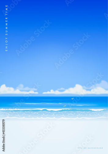 Vector beautiful realistic illustration of sandy summer beach. Summer holidays poster or banner design template
