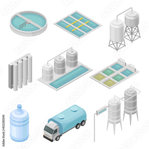 Water Purification Process with Filtration, Sedimentation and Distillation in Cylindrical Tanks and Reservoir Isometric Vector Set