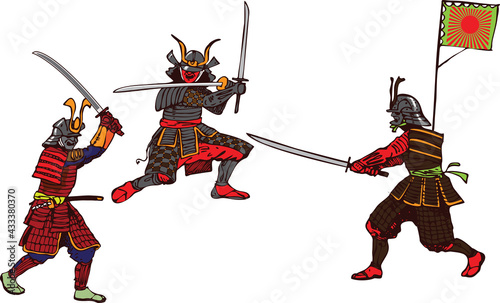 Vector image of a samurais attacking with sword and armor in art sketch style. 
