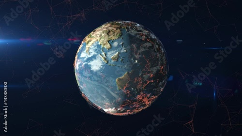 Digital background video of the global network. The net entangles the planet earth. Animation of glowing futuristic lines. Loop. photo