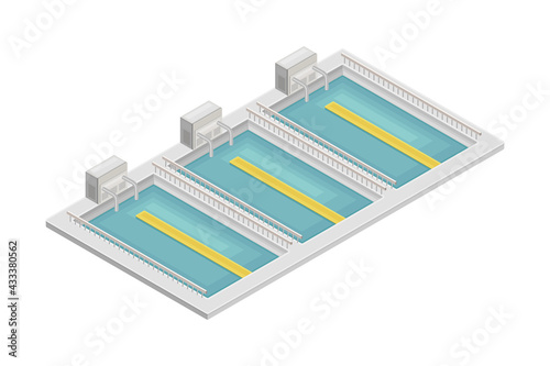Water Purification Process with Sedimentation in Reservoir or Basin Isometric Vector Illustration