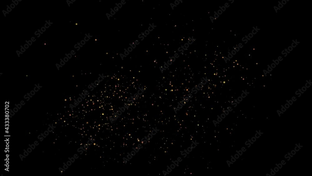Gold sparkles shoot from the depths of the black screen and move, flickering to the left, as if blown away by a light breeze.