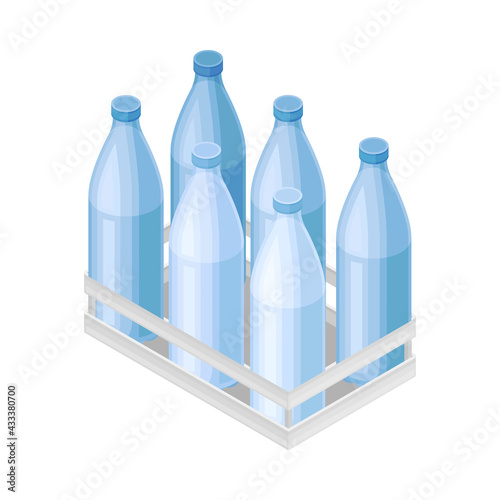 Water Poured in Plastic Bottles Rested in Crate for Storage and Distribution Isometric Vector Illustration