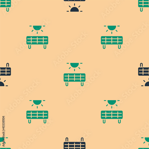Green and black Solar energy panel icon isolated seamless pattern on beige background. Vector
