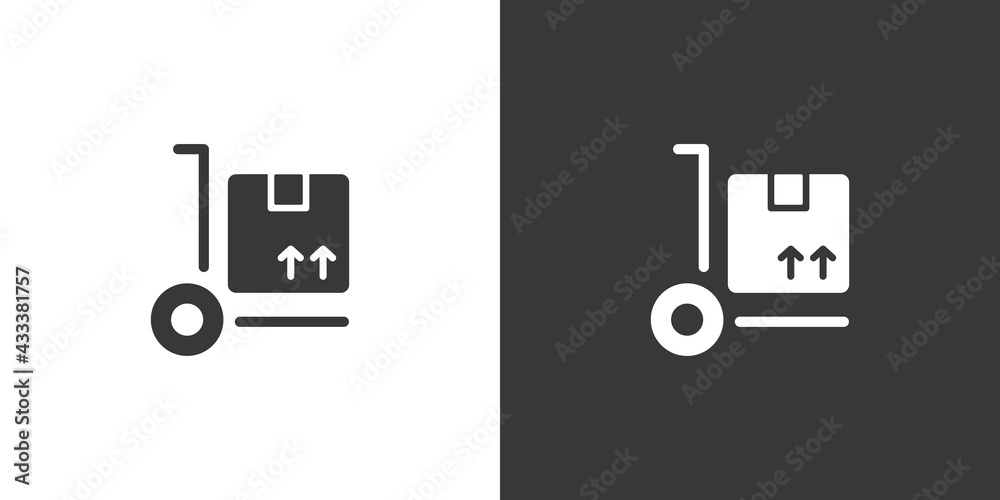 Delivery handcart. Shipping cart with box. Isolated icon on black and white background. Commerce glyph vector illustration