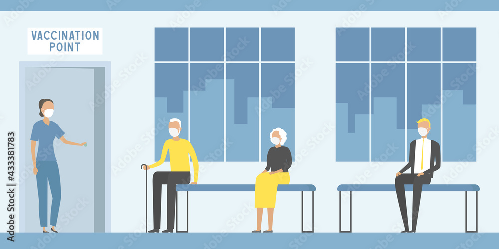 Paramedic inviting aged man for vaccination. Vector illustration. Paramedic inviting aged man for vaccination. Vector illustration.