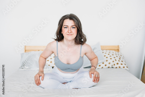 Girl in bed woke up, sleep, morning, morning procedures, Breakfast, pillow, sleep mask, hands, exercises, stretching, yoga