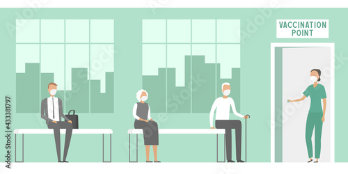 Nurse inviting people for vaccination. Vector illustration.