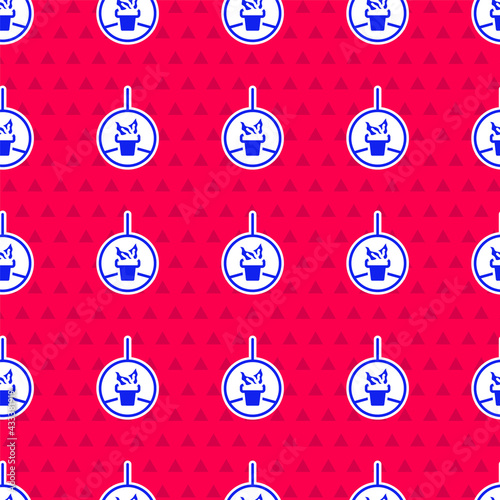 Blue Plant in hanging pot icon isolated seamless pattern on red background. Decorative macrame handmade hangers for flower pot, hang indoor plants. Vector