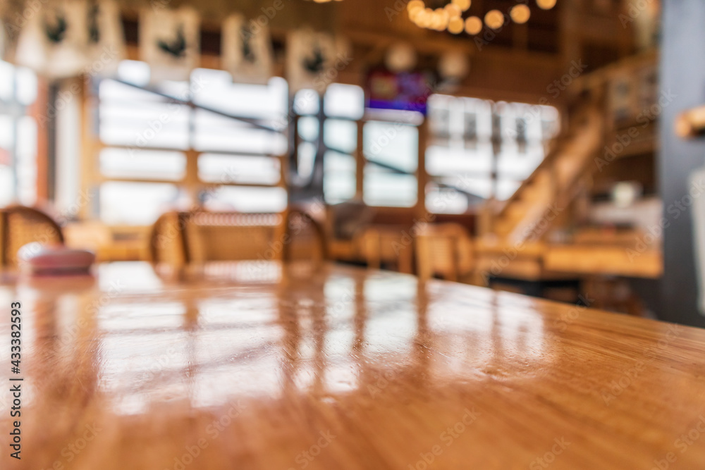 Empty wood table top with blurred Japanese restaurant background Stock  Photo | Adobe Stock