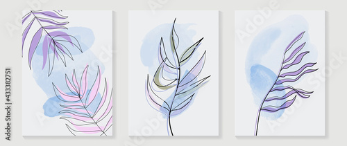 Topical leaves abstract watercolor art background vector. Wall arts design with earth tone and watercolor brush texture.