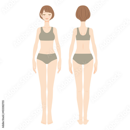 水着を着たボブカットの女性の全身イラスト　正面と後ろ姿　02