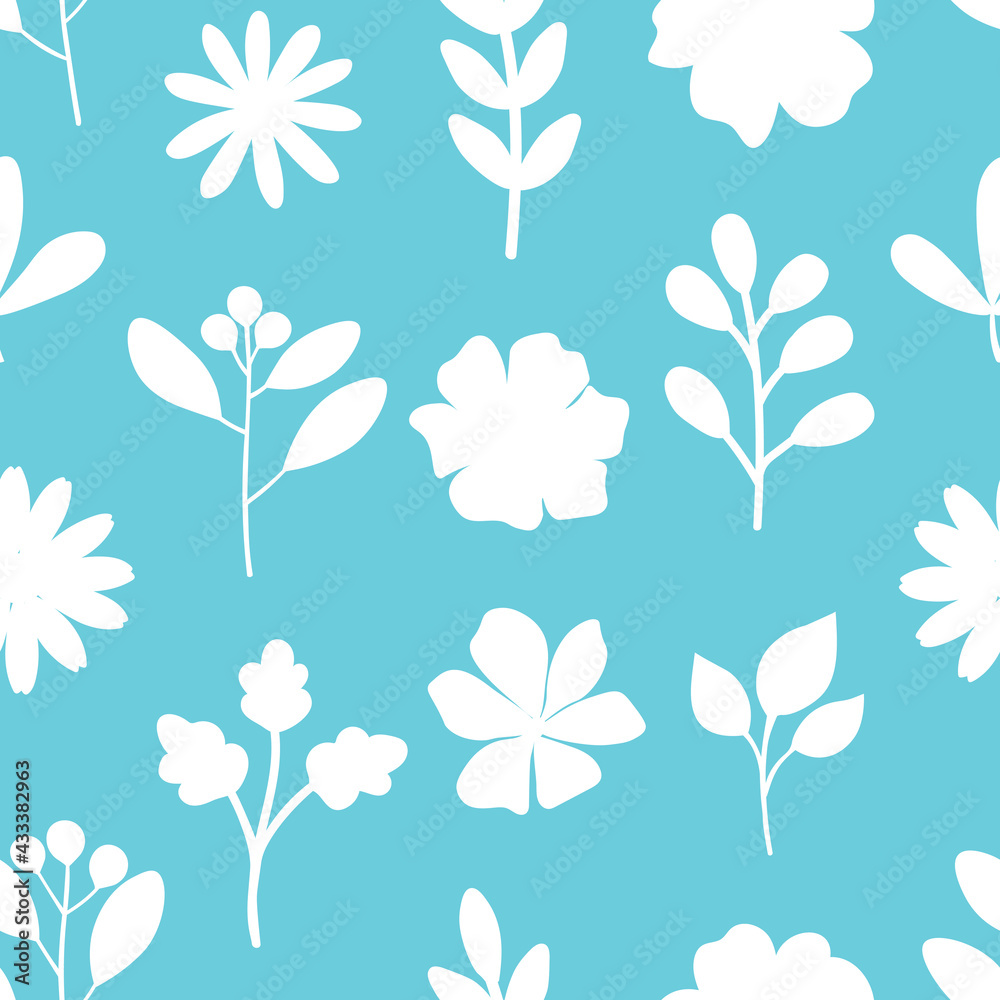 Seamless pattern plants flowers leaves white silhouettes blue background vector illustration Seamless pattern plants flowers leaves white silhouettes blue background vector illustration