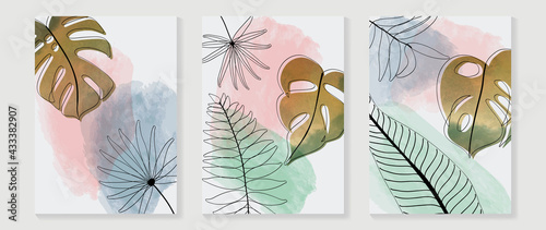 Topical leaves abstract watercolor art background vector. Wall arts design with earth tone and watercolor brush texture.