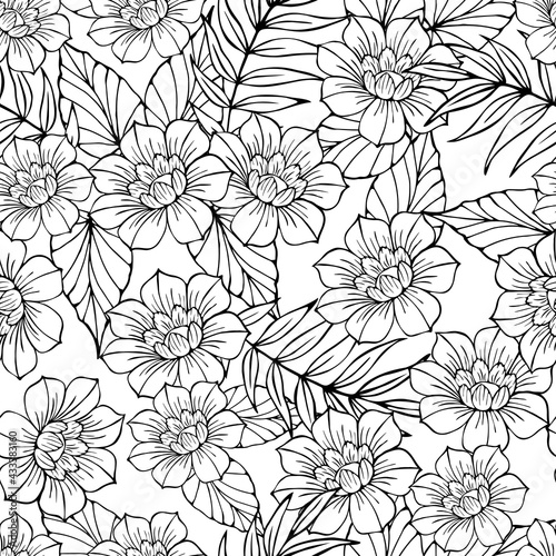 Floral seamless background. Black contour of flowers on a white background. Vector design.