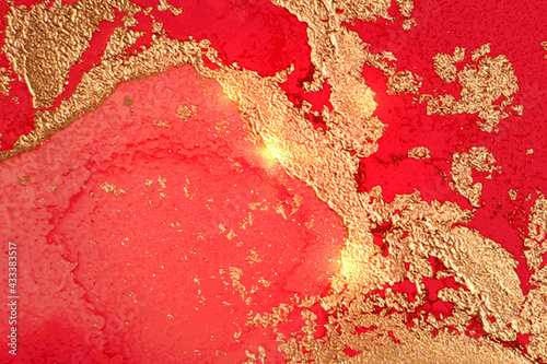 Red, pink and gold pattern with texture of marble and sparkles. Abstract vector background in alcohol ink technique. Modern paint with glitter. Template for banner, poster design. Fluid art painting