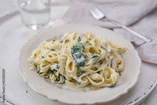 tagliatelle pasta with a creamy wild garlic sauce
