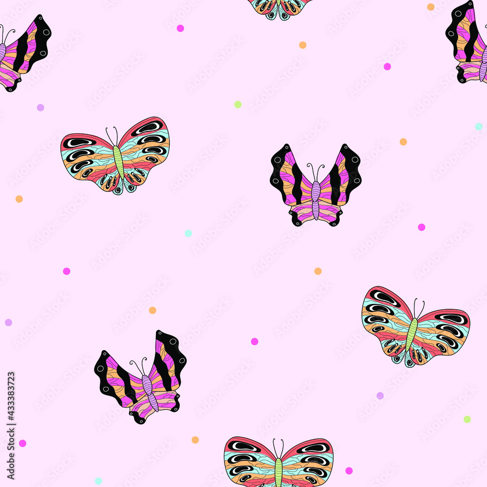 Fototapeta premium Cute pink pattern with line butterflies. Seamless background. Textiles for children. Minimalism paper scrapbook for kids. 