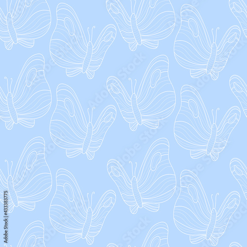 Cute blue pattern with line white butterflies. Seamless background. Textiles for children. Minimalism paper scrapbook for kids. 