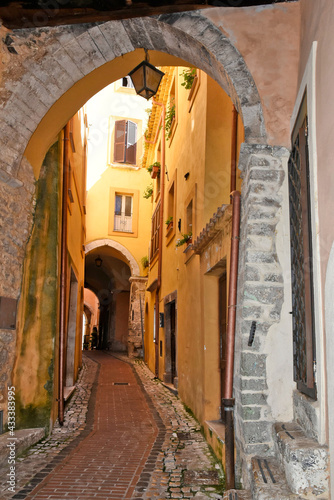 Sonnino, Italy, 05/10 / 2021. A street between old medieval stone buildings of a historic town in Lazio region, Italy. © Giambattista